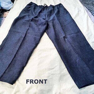100% FINE LINEN PANTS, CHARCOAL BLUE, SIZE 24, HIDDEN FRONT FLY, TWO POCKETS